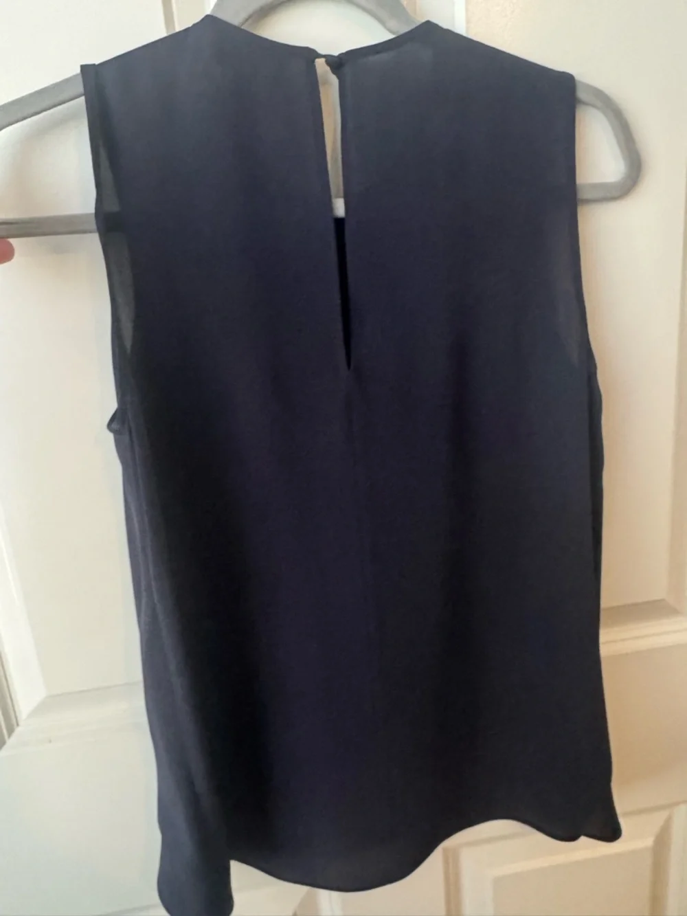 Theory Navy Sleeveless Crepe Ruffle Front Silk Blouse | Size Petite - Picture 5 of 5